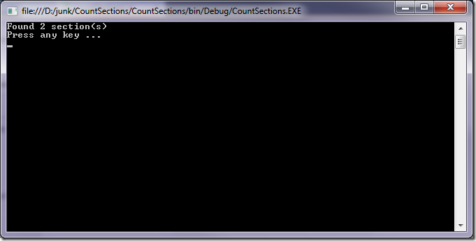 Resulting output - we found 2 sections